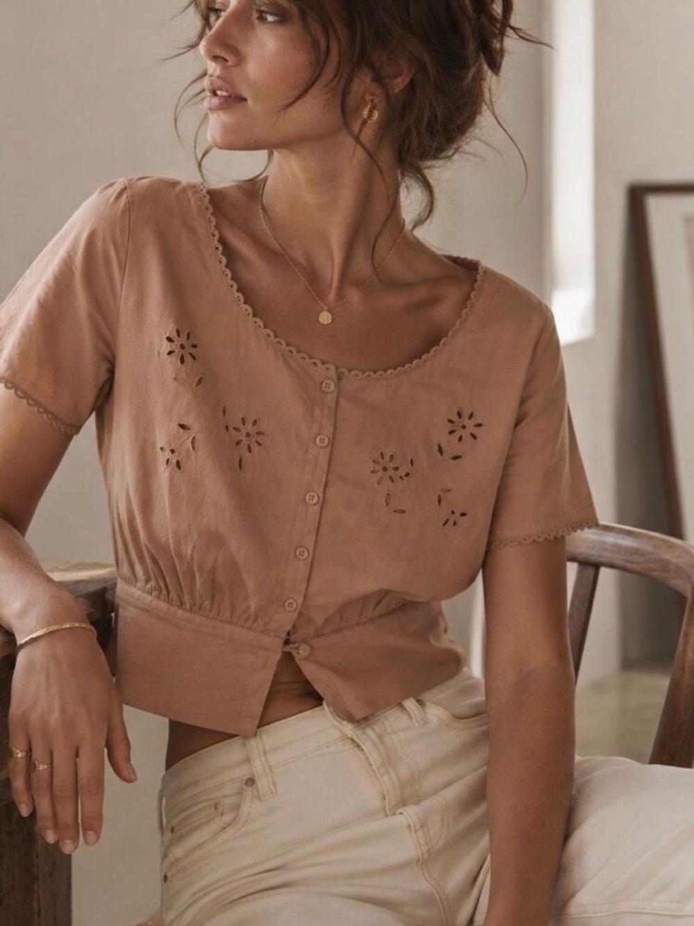 DOEN Juniper Top Size Medium Ruffle Button Down Cotton Terracotta Pink